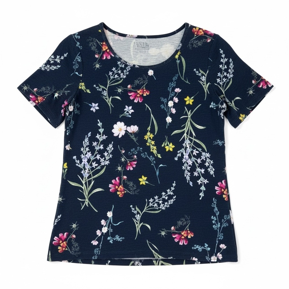 4/$20 Time and Tru Floral Print 3/4 Sleeve Stretch Navy Top Small - Picture 2 of 5